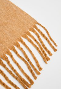 Écharpe douce, texturée, de couleur ambre avec de longues franges torsadées le long du bord, fabriquée à partir d'un tissu duveteux pour plus de chaleur.