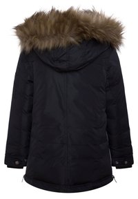 Abrigo acolchado negro con capucha forrada de piel, con una textura suave, bolsillos laterales con cremallera y puños con botones a presión.