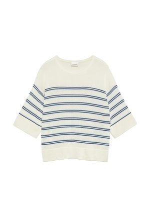 White short-sleeve sweater with navy and light blue horizontal stripes across the body and sleeves, round neckline.