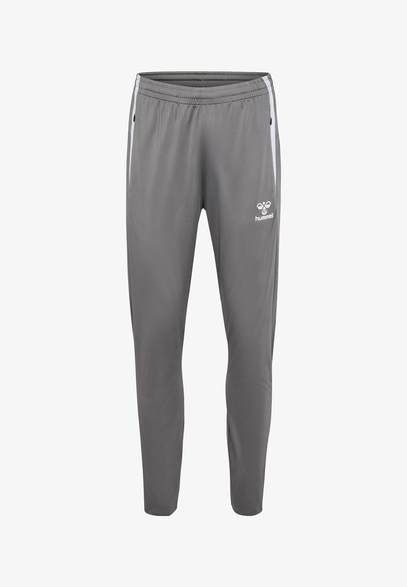 Graue Sporthose mit elastischem Bund, seitlichen Reißverschlusstaschen, weißen Seitenstreifen und Hummel-Logo auf dem oberen Oberschenkel.