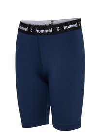 Marina blåa träningstights gjorda av stretchigt material, med en svart midja med vit "hummel" logga, slät yta och tajt passform.