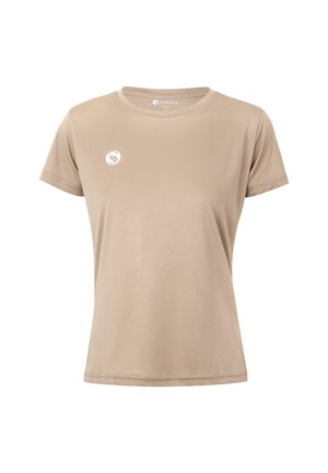T-shirt beige a maniche corte realizzato in tessuto liscio, con scollatura rotonda e un piccolo logo sulla parte sinistra del petto.