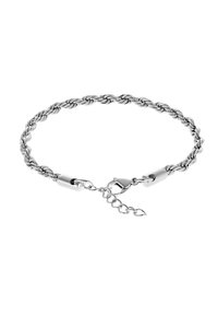 Bracciale in argento a catena twist con chiusura a molla, caratterizzato da accenti in metallo liscio e una catena di estensione per una lunghezza regolabile.