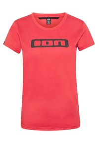Red cotton t-shirt featuring a black "ION" logo on the front, short sleeves, and a round neckline. Smooth texture, casual fit.