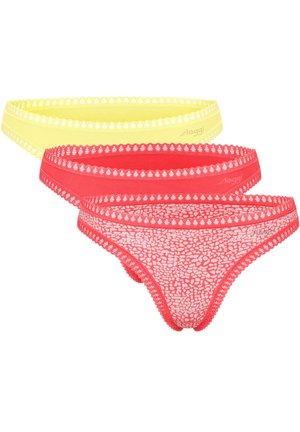 Three women's lace-trimmed bikini briefs in yellow, solid red, and red with white abstract pattern, stacked on a white background.