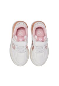 White athletic shoes featuring a mesh upper, pink accents, a Velcro strap, and a cushioned sole. Logo visible on the insoles.
