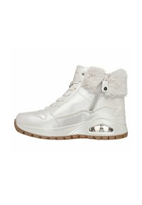 Sneakers alte in materiale sintetico bianco con colletto in pelliccia sintetica, allacciatura frontale e cerniera laterale. Borsa d'aria trasparente nella suola, suola esterna marrone testurizzata.