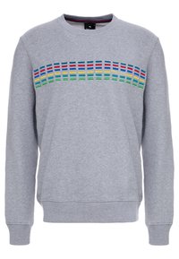 Felpa grigia chiara con collo rotondo, decorata con barre orizzontali ricamate multicolori sul petto e un piccolo testo giallo del marchio.