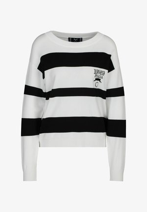 Hvid og sort stribet sweater med lange ærmer, rund halsudskæring og broderet "19V69 ITALIA" logo på øverste venstre side.