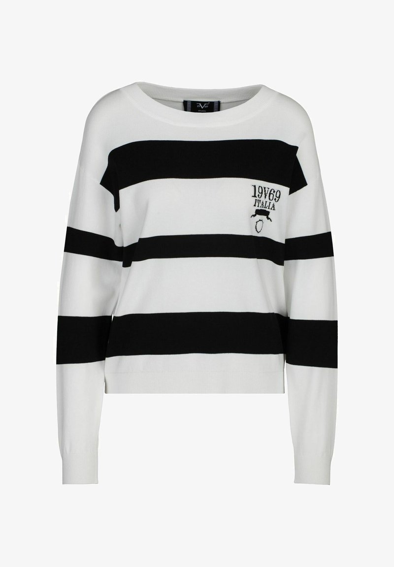 Pull rayé blanc et noir avec manches longues, encolure arrondie et logo brodé "19V69 ITALIA" sur le côté supérieur gauche.