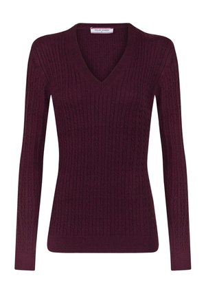 Dunkelvioletter, kabelgestrickter V-Ausschnitt-Pullover mit langen Ärmeln, gerippten Bündchen und Saum, Größe S.