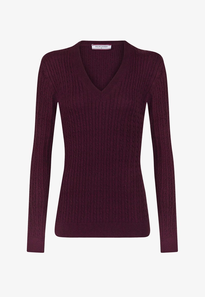 Pull-over en maille torsadée de couleur violet foncé, col en V, manches longues, avec des poignets et un ourlet côtelés, taille petite.