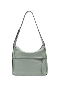 Borsa a spalla sintetica verde con texture liscia, apertura superiore con zip e tasca frontale. Presenta dettagli neri e una tracolla regolabile.