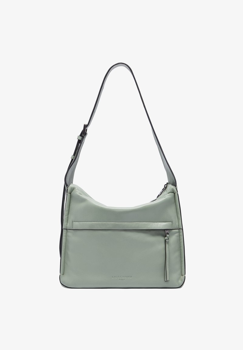Borsa a spalla sintetica verde con texture liscia, apertura superiore con zip e tasca frontale. Presenta dettagli neri e una tracolla regolabile.