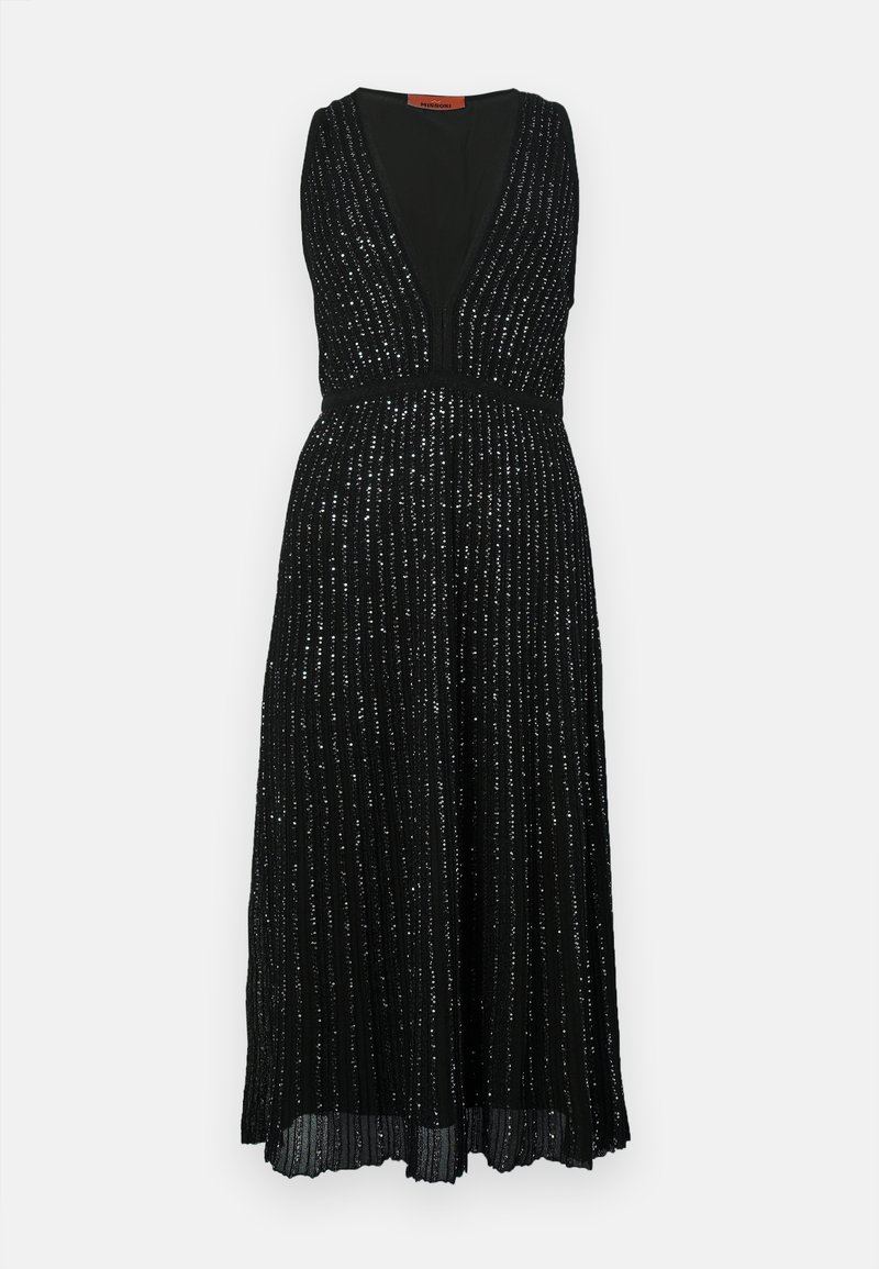 Black dress featuring a plunging V-neckline, vertical pleats, and metallic accents. The waist is defined with a fitted band.