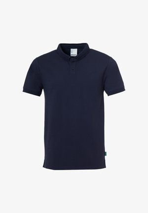 Navyblå kortærmet polo shirt med to knapper og stående krave, med Uhlsport mærkat indeni kraven.
