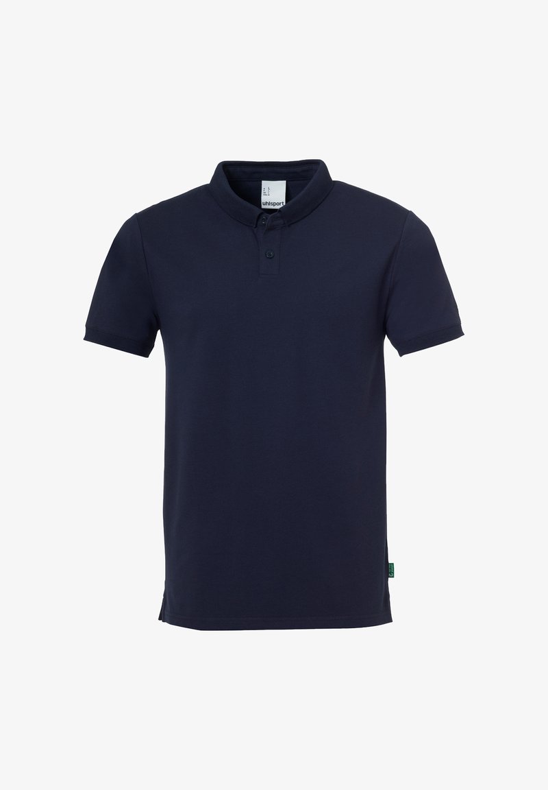 Marineblauwe polo met korte mouwen, voorzien van een twee-knopen sluiting en een staande kraag, met het Uhlsport merklabel aan de binnenkant van de kraag.