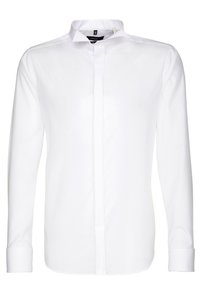 Camicia bianca a maniche lunghe con colletto alto, apertura frontale con bottoni e texture liscia. Caratterizza una vestibilità su misura e polsini abbottonati.