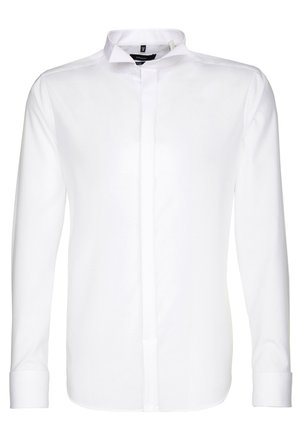 Chemise blanche à manches longues pour homme avec patte de boutonnage dissimulée, col italien et poignets boutonnés, présentée de face sur fond blanc.