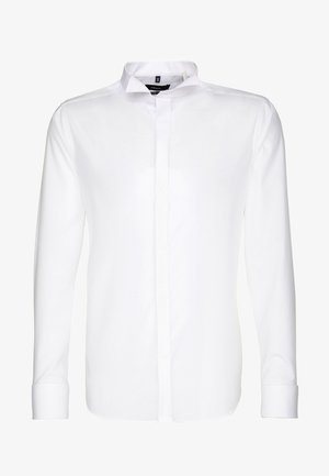 White long-sleeve men's dress shirt with concealed button placket, spread collar, and buttoned cuffs, displayed front-facing on a white background.
