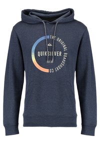 Sudadera con capucha azul marino hecha de tela suave, con un bolsillo canguro frontal, cordones ajustables y un logo gráfico circular multicolor en el pecho.