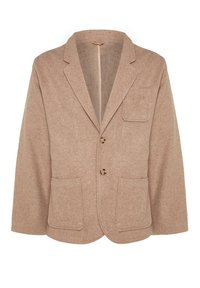 Blazer in lana beige con rever a punta, due tasche frontali e due bottoni. Tessuto morbido, design minimal, apertura frontale senza chiusura.
