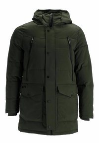 Giacca imbottita verde scuro con cappuccio, dotata di due tasche sul petto con cerniera e due tasche frontali con bottoni a pressione; materiale liscio e impermeabile.