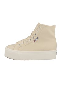 Beige high-top sneaker made of canvas, featuring a round toe, lace-up design, white rubber sole, and Superga logo on the side.