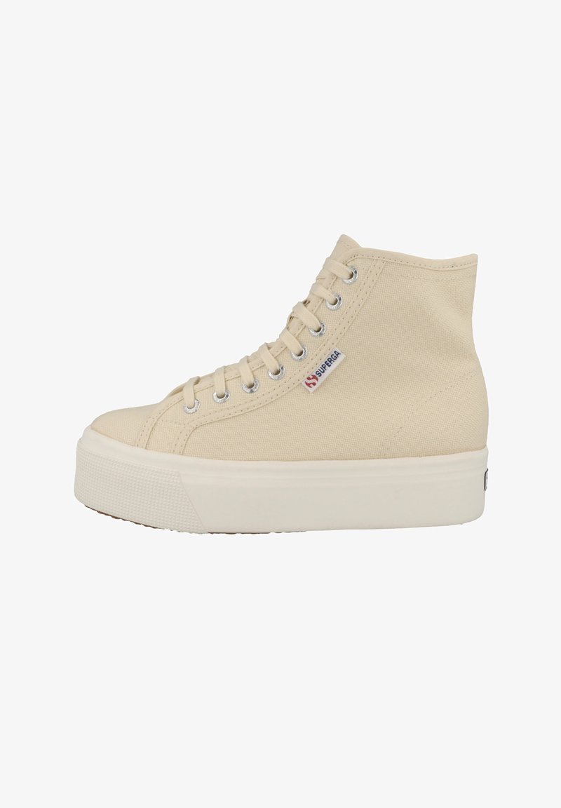 Beige high-top sneaker made of canvas, featuring a round toe, lace-up design, white rubber sole, and Superga logo on the side.