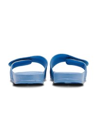 Blue sandals with a textured finish, open back, and adjustable straps. Made of synthetic material, featuring a flat, cushioned sole.
