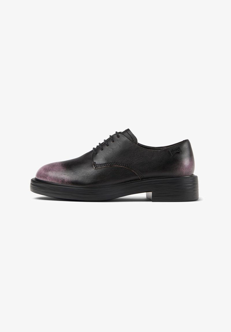 Black leather lace-up shoes with a rounded toe, featuring a contrasting purple gradient at the toe, on a durable black rubber sole.