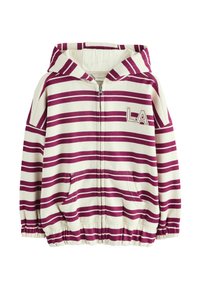 Hoodie rayé en crème et bourgogne, présentant une fermeture éclair à l'avant, des poches kangourou, des poignets côtelés et un "LA" brodé sur la poitrine.
