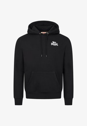 Black hoodie made of soft fabric, featuring a kangaroo pocket, adjustable drawstring, and a white logo on the chest.