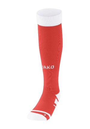 Czerwona skarpeta sportowa z białym mankietem, wykonana z materiału odprowadzającego wilgoć. Posiada prążkowaną teksturę oraz logo z boku. Długość do połowy łydki.