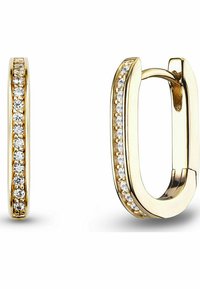 Guldtonade hoopörhängen har en slät, oval design med en rad cirkulära klara stenar längs kanten. Med gångjärnsstängning för enkel användning.