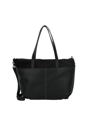 Sac fourre-tout en cuir noir, de forme structurée, surface texturée, double anses et bandoulière amovible. Surpiqûres vertes en accent.
