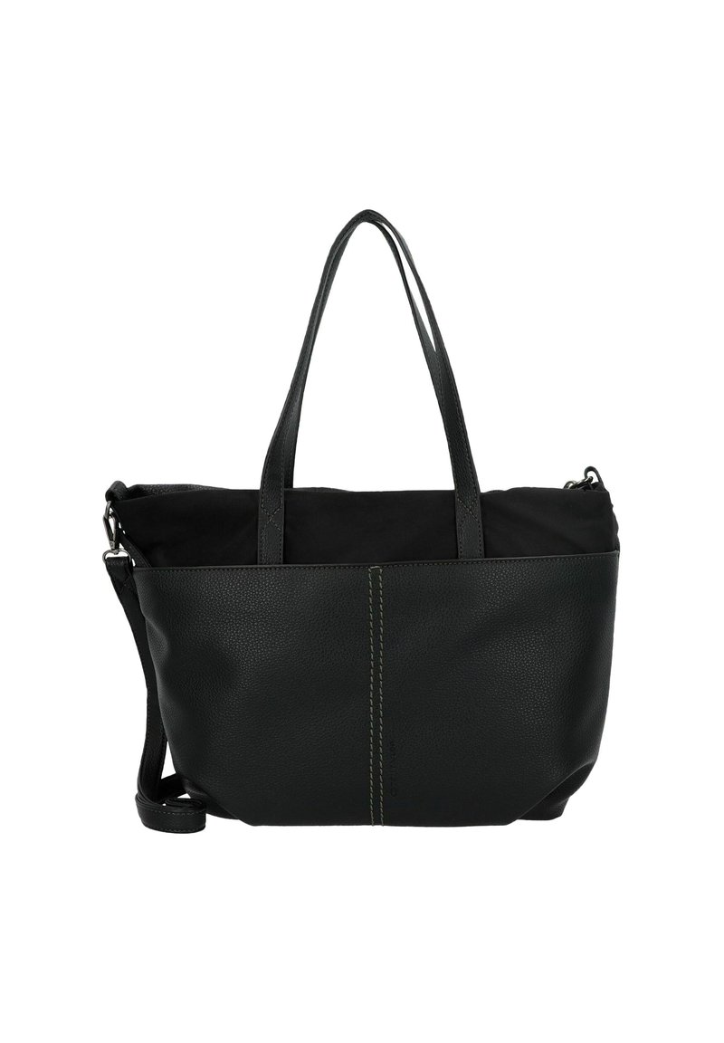 Zwarte leren totebag met gestructureerde vorm, textuur oppervlak, dubbele handvatten en een afneembare schouderriem. Groene stikselaccenten.
