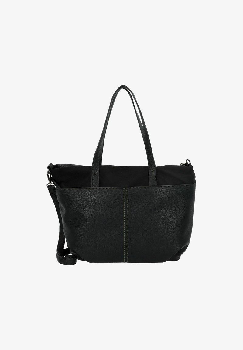 Zwarte leren totebag met gestructureerde vorm, textuur oppervlak, dubbele handvatten en een afneembare schouderriem. Groene stikselaccenten.