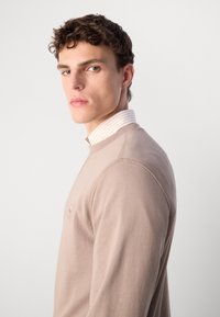 Pull en tricot beige à col rond, avec un logo discret et des accents côtelés, superposé sur une chemise à col à rayures claires.