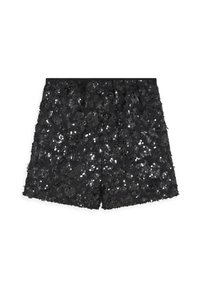 Zwarte pailletten shorts met een gestructureerd oppervlak en glinsterende details. Heeft een zwarte tailleband, is boven de knie geknipt en heeft een losse pasvorm.