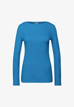 Maglietta a maniche lunghe di un blu brillante, realizzata in un tessuto liscio ed elastico. Presenta un collo rotondo e una silhouette aderente. Senza motivi o dettagli visibili.