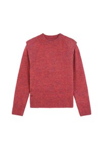 Suéter de punto en tonos rojo y púrpura con un diseño jaspeado, cuello redondo acanalado, puños y dobladillo, que presenta detalles en los hombros y los lados.