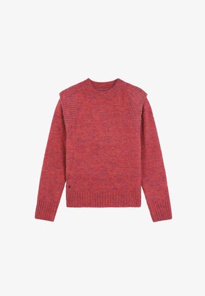 Suéter de punto en tonos rojo y púrpura con un diseño jaspeado, cuello redondo acanalado, puños y dobladillo, que presenta detalles en los hombros y los lados.