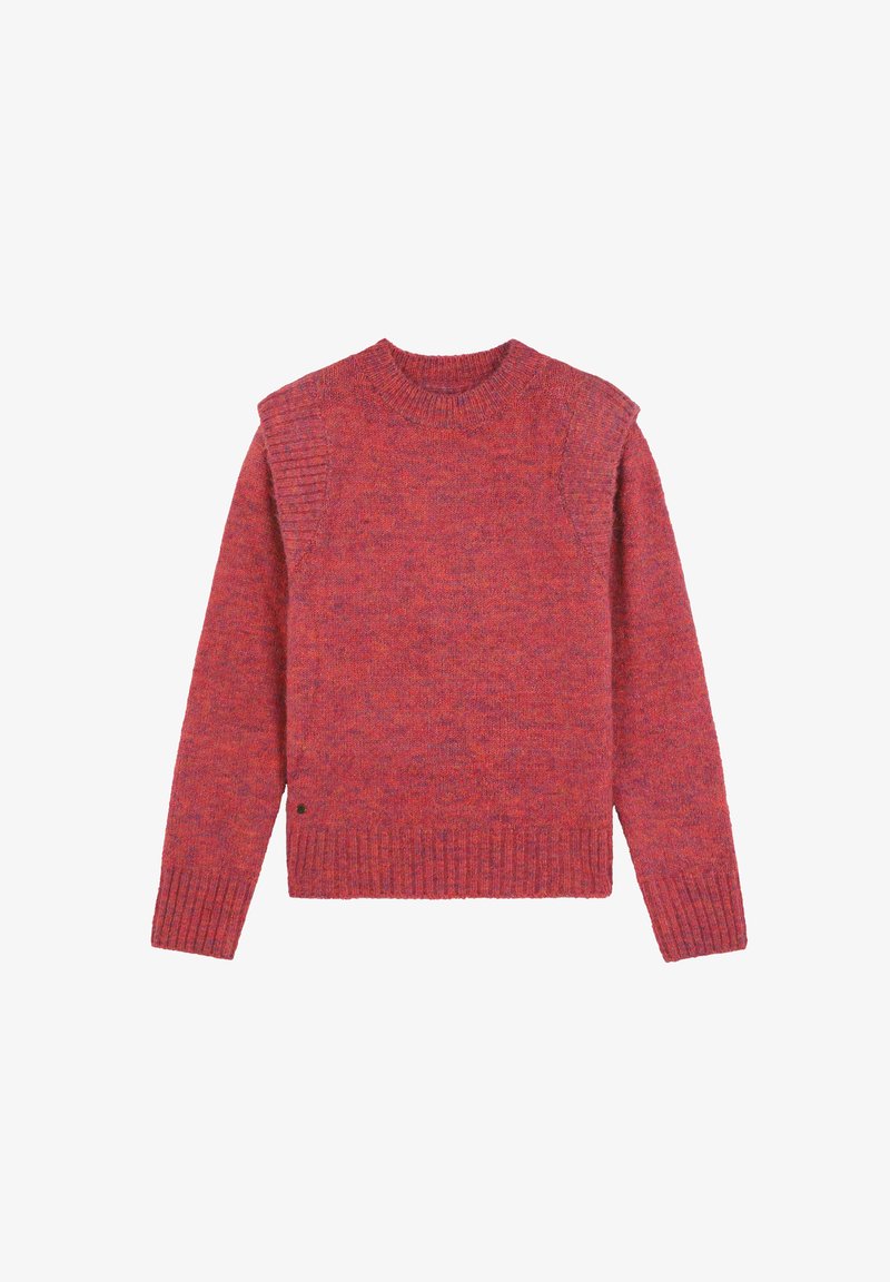 Pull en tricot marbré rouge et violet avec col rond côtelé, poignets et ourlet, présentant des détails aux épaules et sur les côtés.