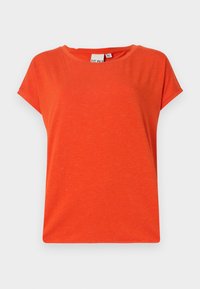 Kortermet, rundhalset oransje T-skjorte laget av mykt, teksturert stoff med en litt løs passform. Minimalistisk design, ingen mønstre eller detaljer.