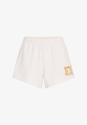Vita shorts med elastisk midja, med en texturerad tyg och en tryckt orange design som säger "Kvinnor av Vågorna."