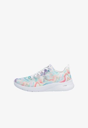 Hvid sportssko med flerfarvet pastel swirl-mønster, mesh-overdel, snørelukning og tyk polstret sål mærket "lightsole".