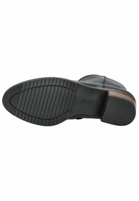 Suela de bota de cuero negro con un agarre de goma texturizada, diseño plano y tacón ligeramente elevado. Presenta un logo embosado y ranuras horizontales.
