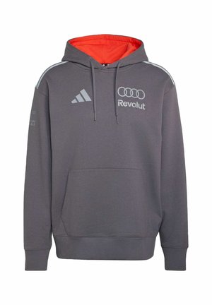 Sudadera gris con capucha y forro interior rojo, bolsillo canguro frontal, logo de Adidas en el pecho izquierdo y logo de Revolut con emblema de cuatro anillos en el pecho derecho.