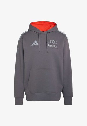 Gray hooded sweatshirt with red inner lining, front kangaroo pocket, Adidas logo on left chest, and Revolut logo with four-ring emblem on right chest.